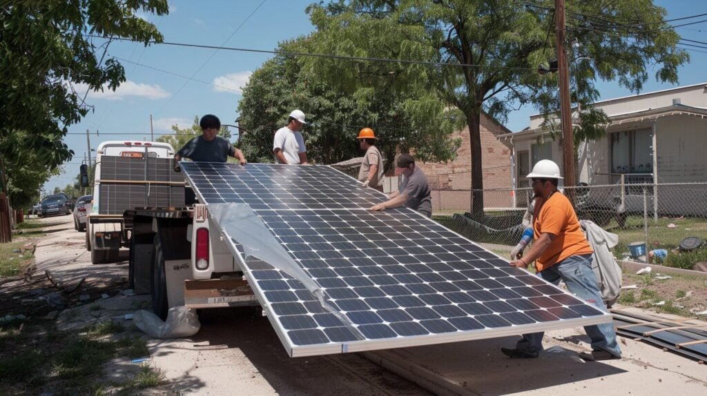 Alexandro and other employess unlaoding solar panels for SPOKC last summer