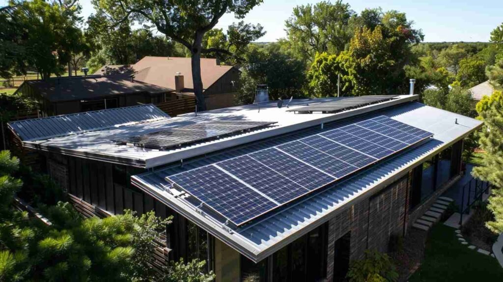 home with a flat roof in Oklahoma city with solar panel install